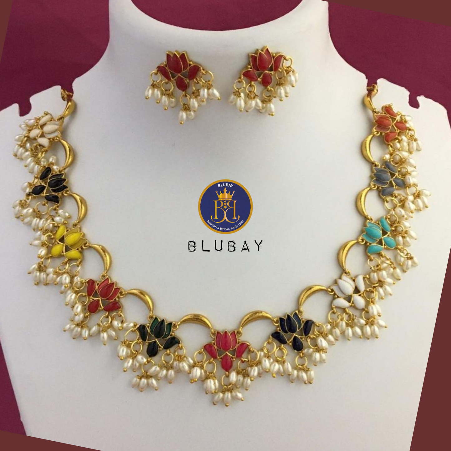 Multicolored enamelled Lotus Necklace set with rice pearls