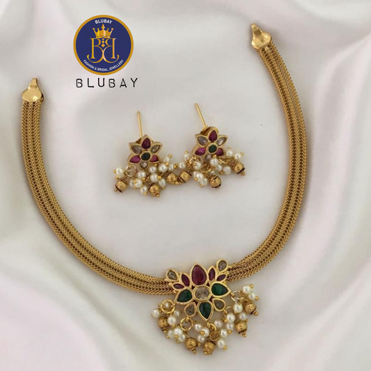 Gold look alike Jadau kundan Lotus pearl addigai mesh choker Necklace set