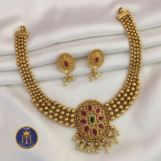 Quadruple golden ball layered statement Chakra pearl Necklace set