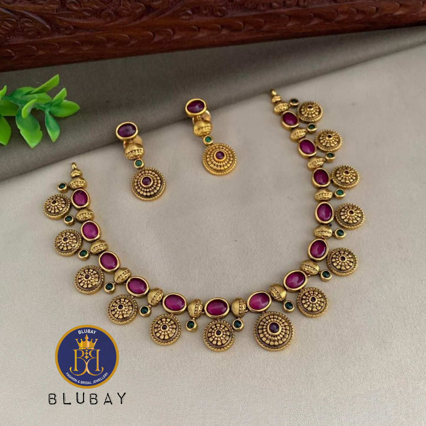 Chakra coin and golden bead ball Ruby Necklace set