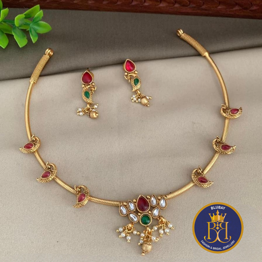Golden Lotus birds kundan and kemp Hasli pipe Necklace set