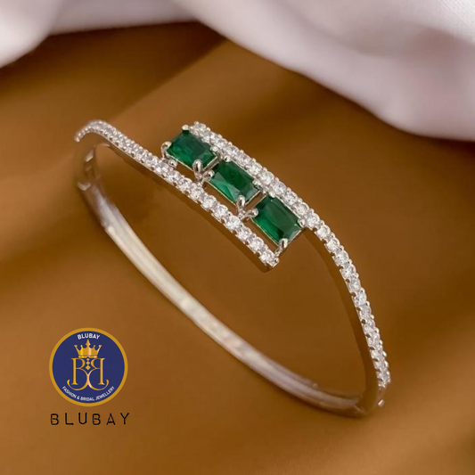 Triple emerald Diamond studded adjustable silver kada bracelet