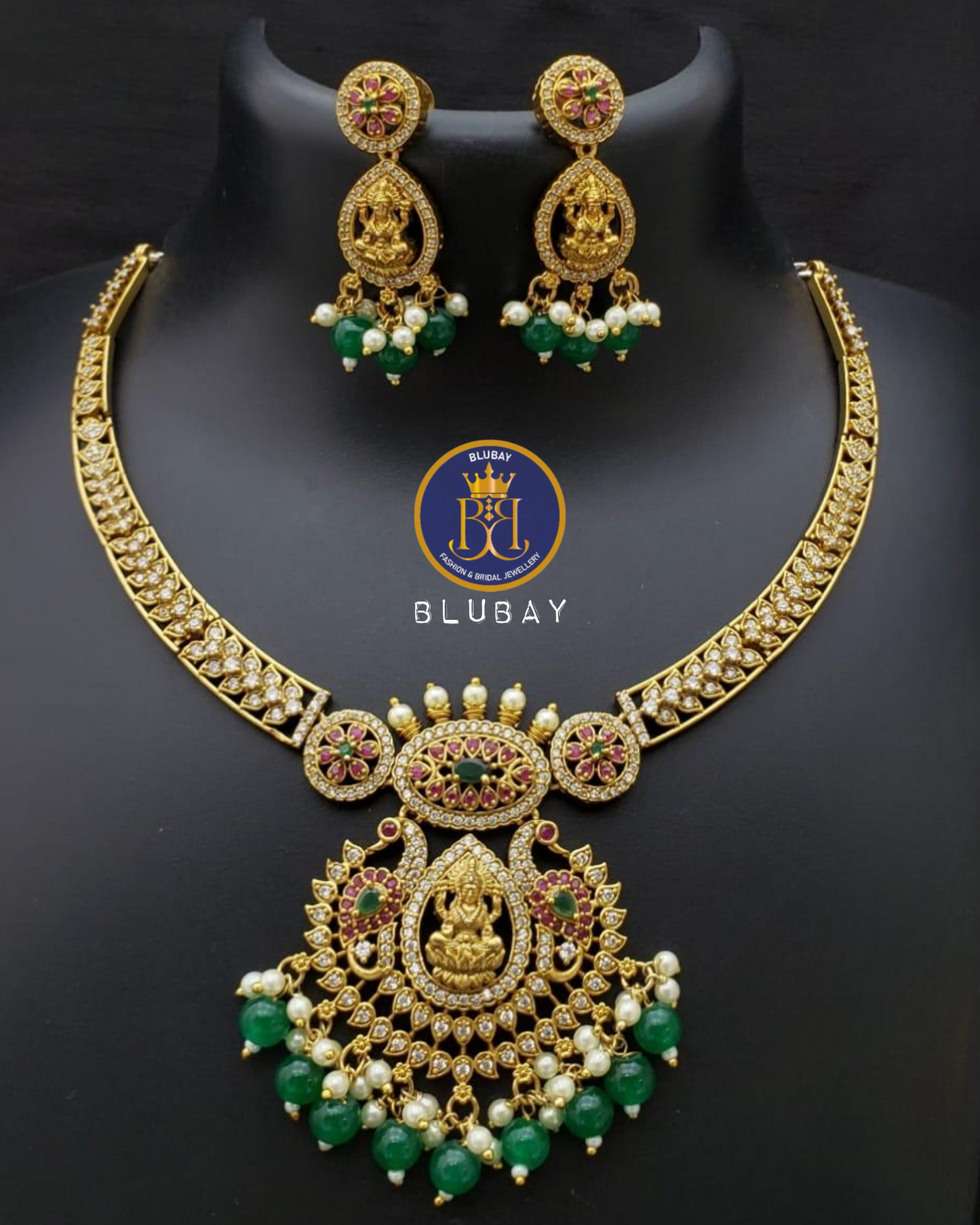 Devi Bridal Hasli Necklace set with rice pearls and green beads