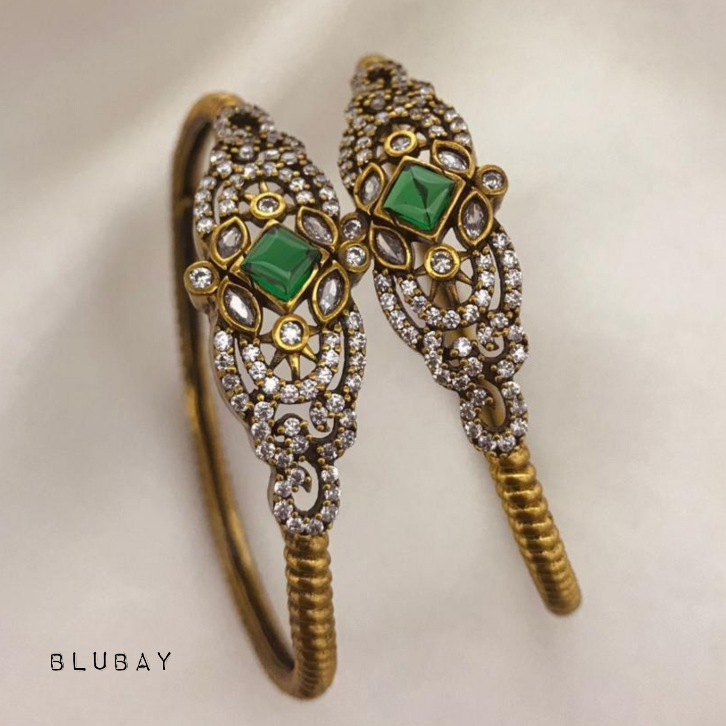 Green stone AD designer Victorian kada bangles set