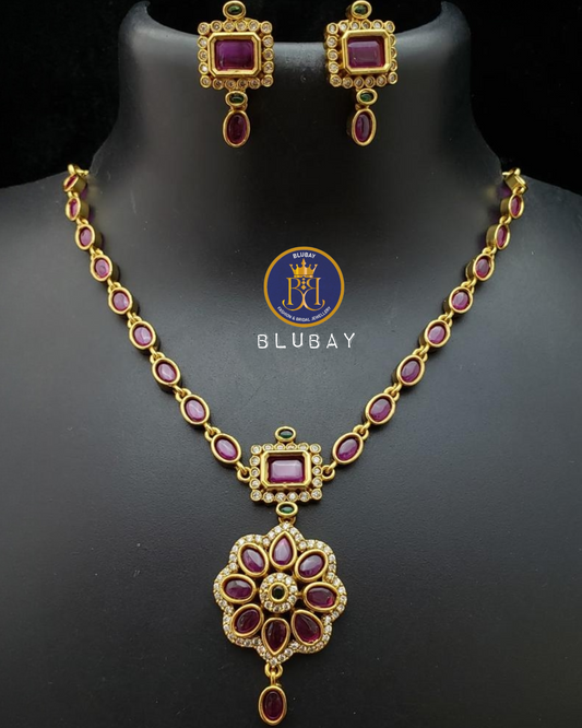 Royal fuschia pink AD stone pendant chain Necklace set