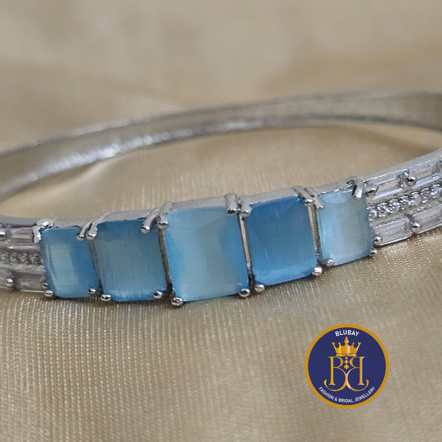 Sky blue pentad Crystal AD adjustable silver kada bracelet