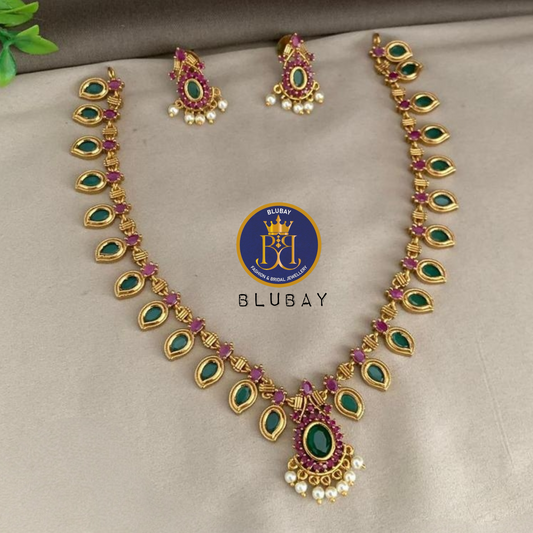 Premium Kerala palakka mango Necklace set with Ruby emerald stones