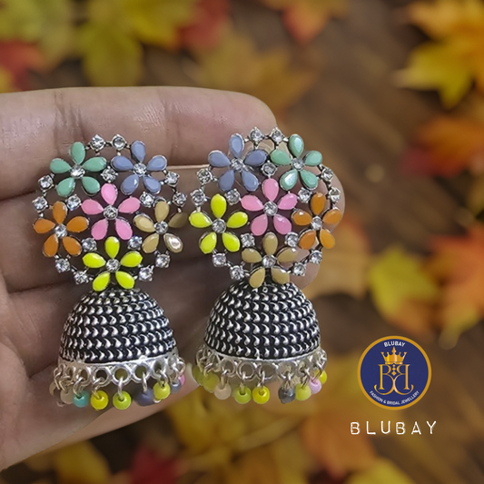 Multicolored flower Silver oxidised Stud and Jhumka earrings