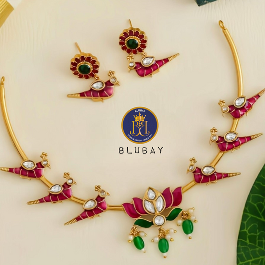Jadau kundan Lotus birds with green beads gold tone Hasli Necklace set