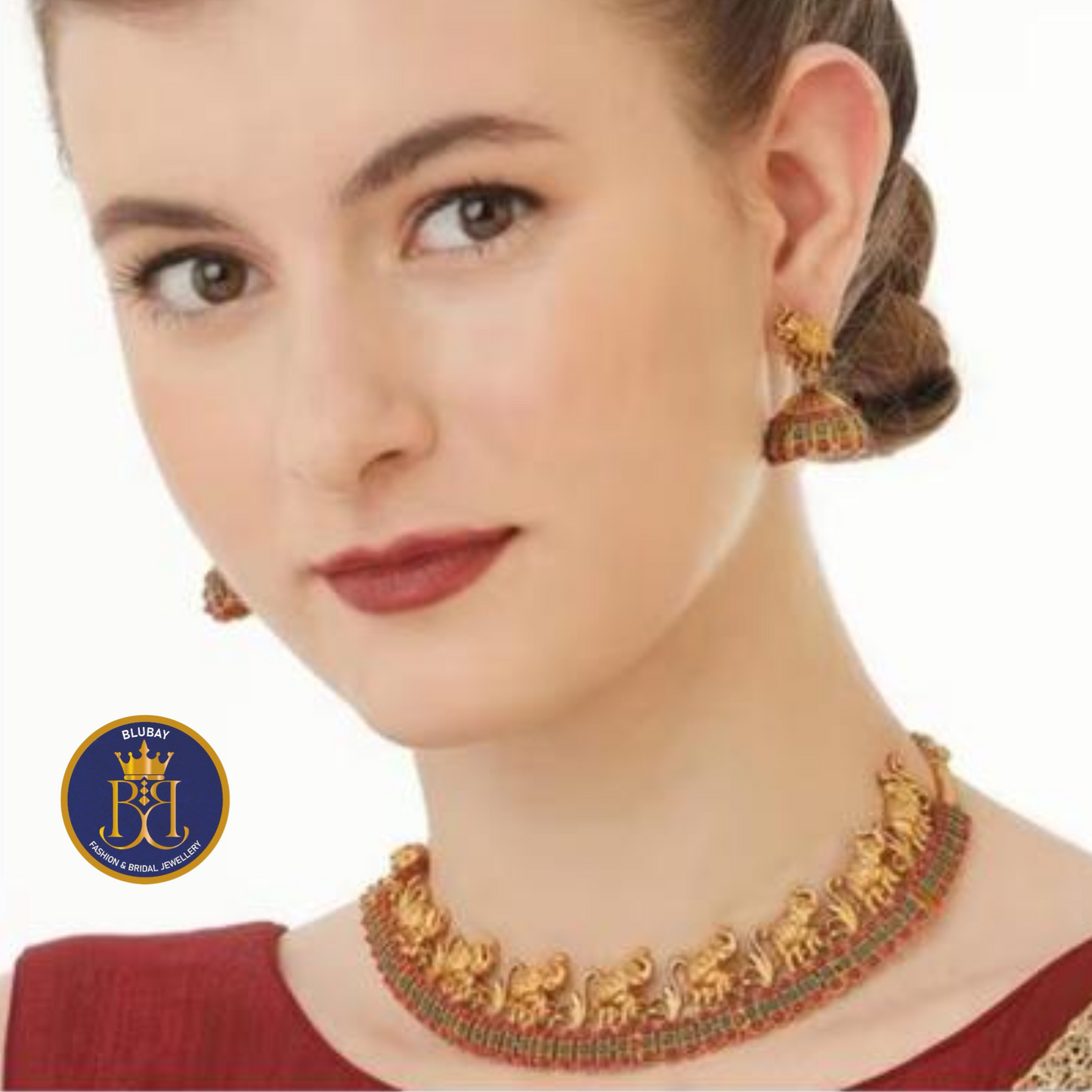 Lined elephant modern kemp stone Necklace with Jhumkas set