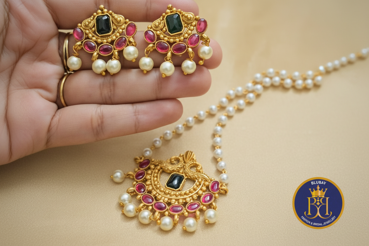 Ruby green stone single layered pearl short pendant chain set