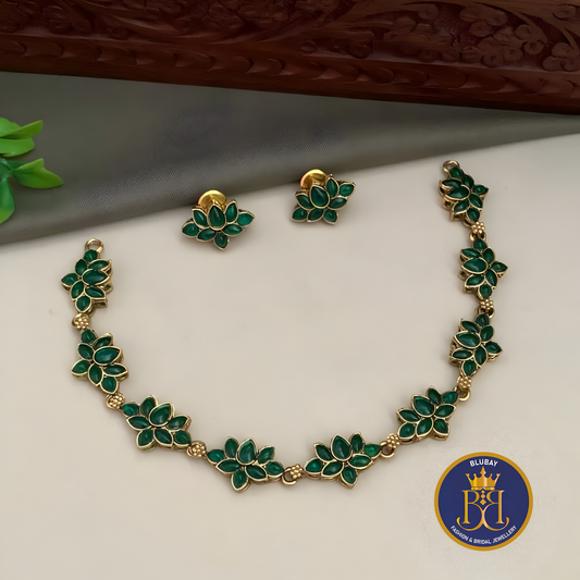 Green Lotus linked chain Necklace set with Studs