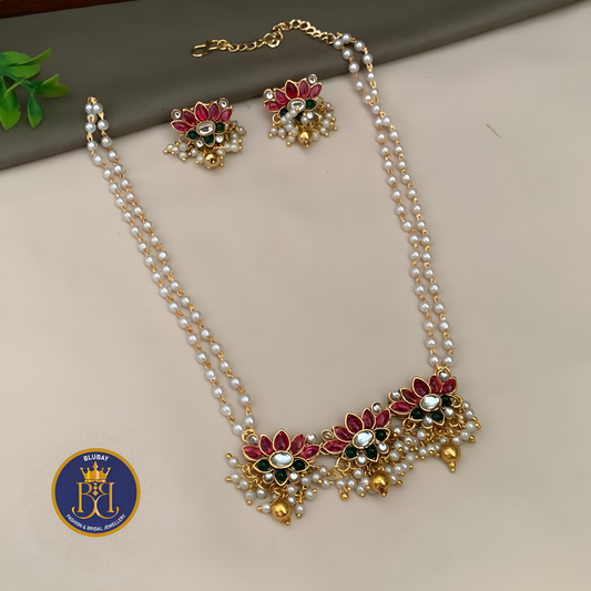 Triple Lotus golden bead bilayered pearl Necklace set