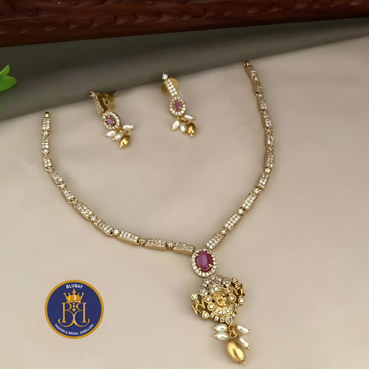 Sri Venkateswara premium AD blocks and Ruby with pearls and golden ball clusters Necklace set