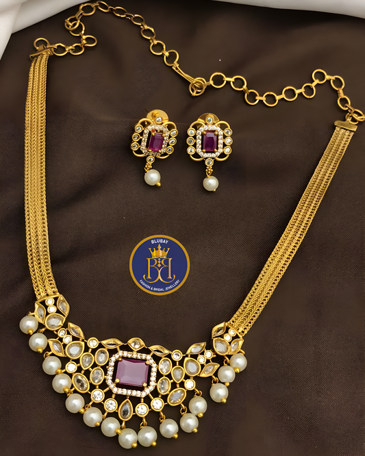 Ruby AD doublet with kundan and pearl embellished pendant chain attigai Necklace set