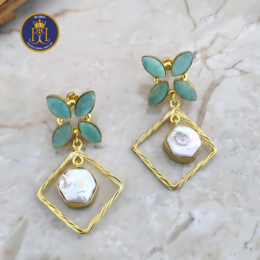 Sea blue green designer MOP gold toned Earrings