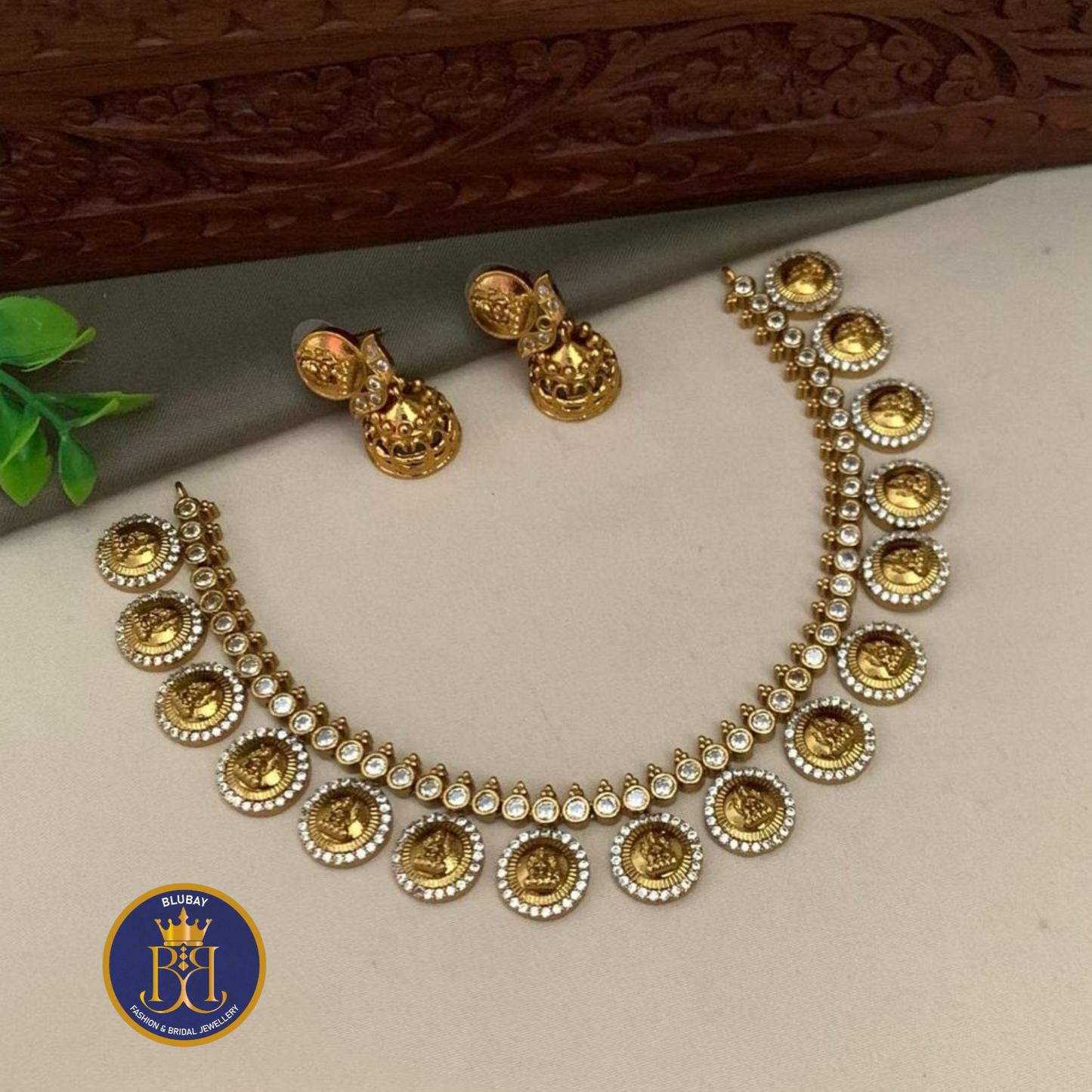 Premium Nakshi Gold look alike AD doublet bridal coin Necklace set