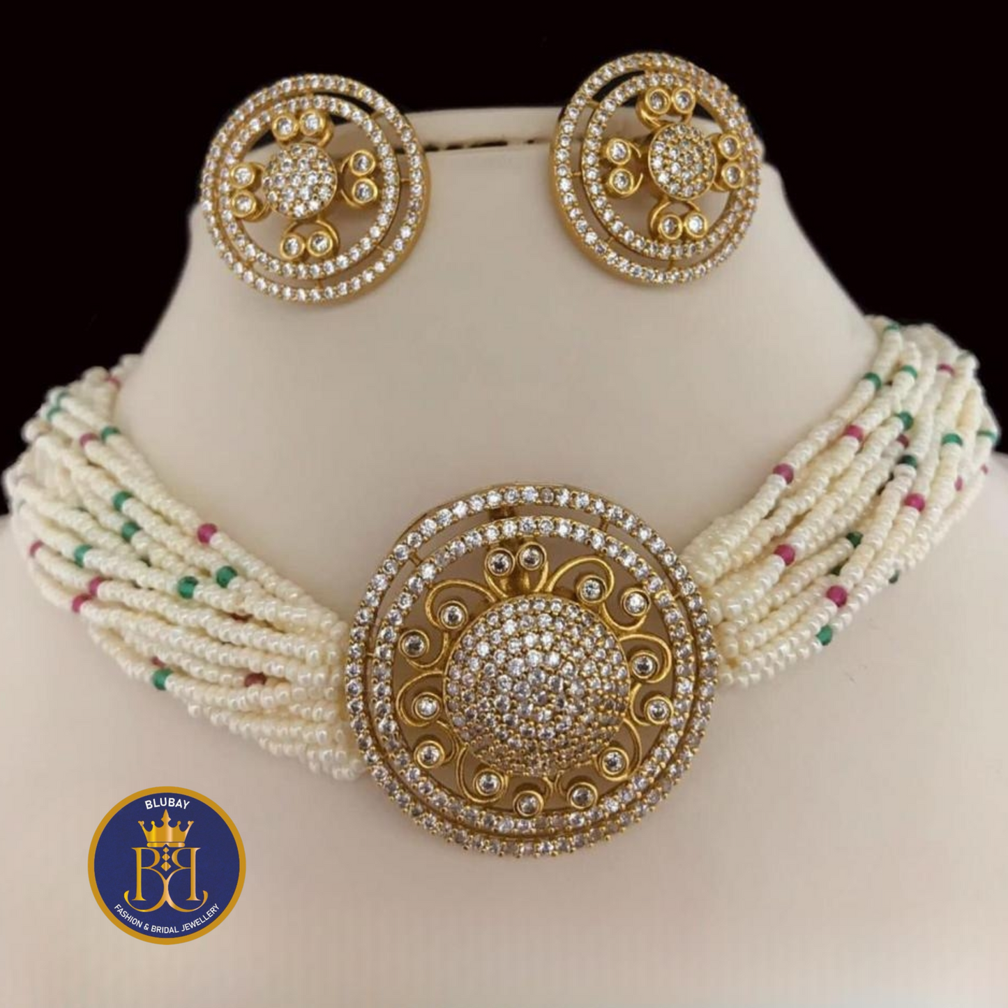 AD Circular Dome multilayered pearl and bead white Choker set