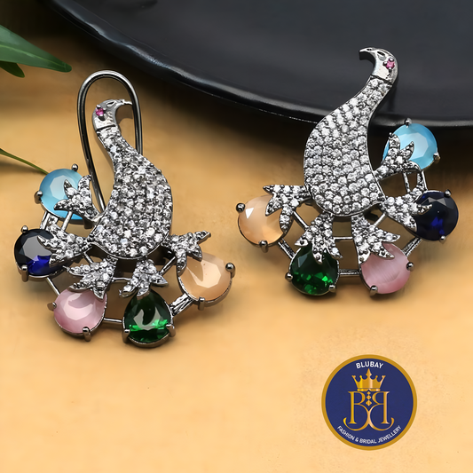 Multicolored gemstones studded  statement Diamond look alike Peacock Stud earrings with backclip