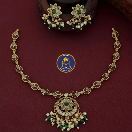 Premium AD and kundan Floral Bloom Necklace set with pearl and bead clusters