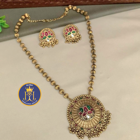 Premium gold look alike Lotus with ghungroo statement pendant chain Haaram set