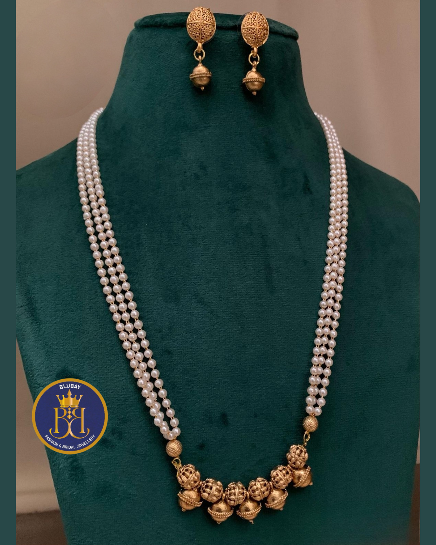 Premium multilayered pearl mala set with antique bead balls