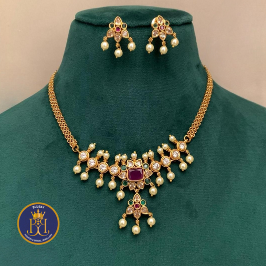 Premium AD kundan close neck Pearl cluster Necklace set
