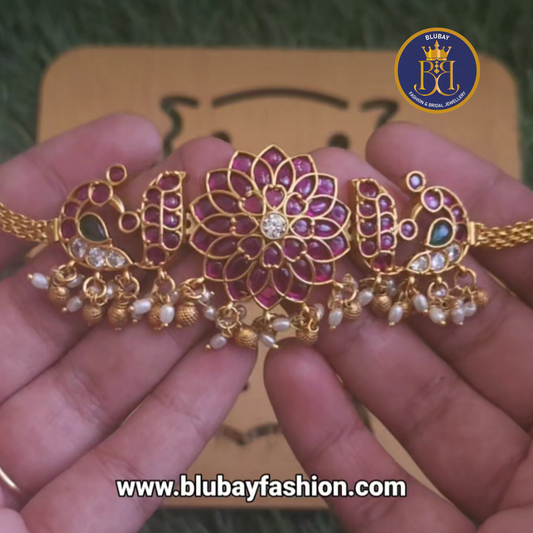 Premium Floral AD golden pearl cluster attigai Choker Necklace set