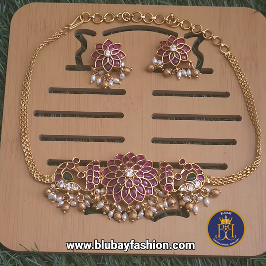 Premium Floral AD golden pearl cluster attigai Choker Necklace set