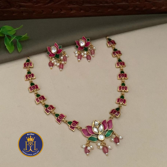 Premium punk and green enamek Jadau kundan Lotus with pearls and beads Necklace set