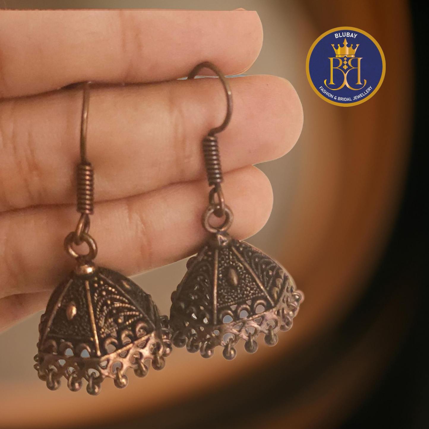 Designer metallic oxidised jhumkas hook earrings