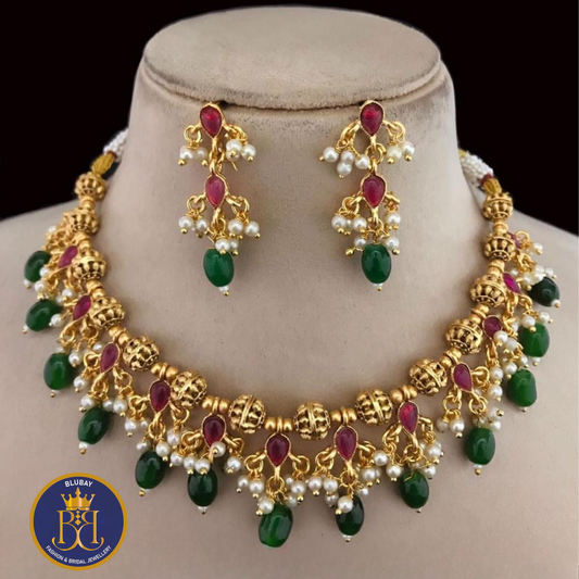 Tharinimani premium Golden bead ball Necklace set with pearls and green beads