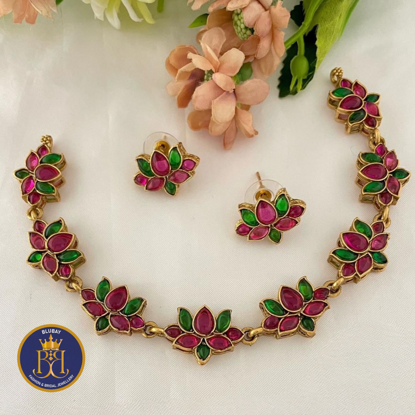 Multicolored linked Lotus Necklace set