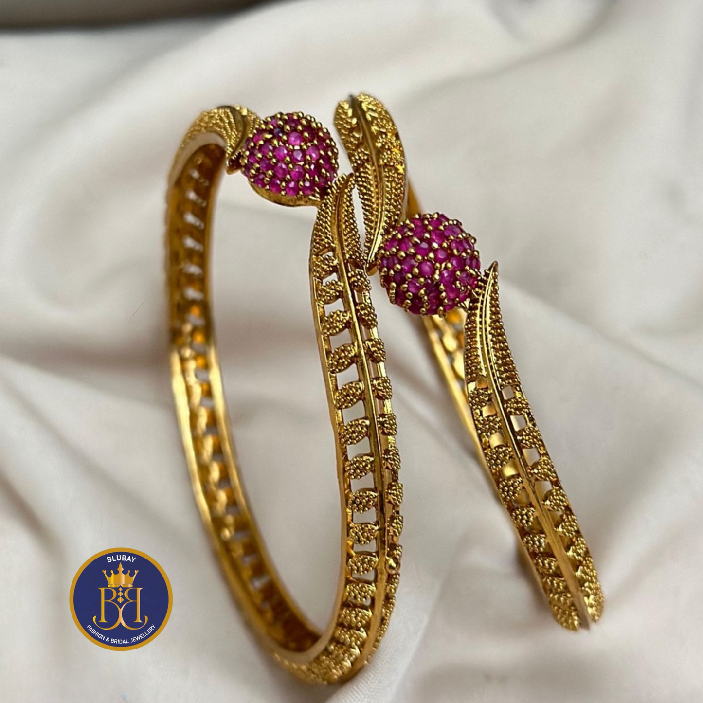 Ruby Diamond look alike golden leaf and Dome Bangles set