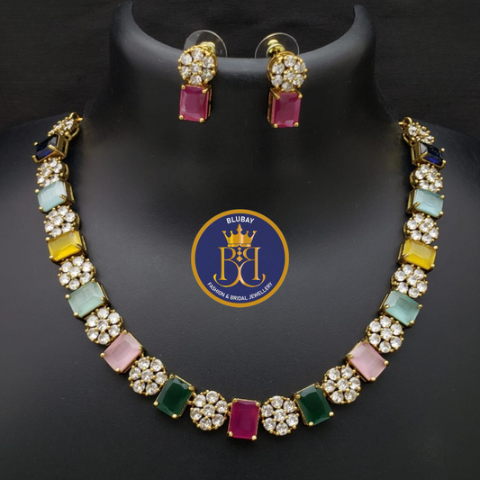 Premium AD Floral Navaratna Necklace set with Studs