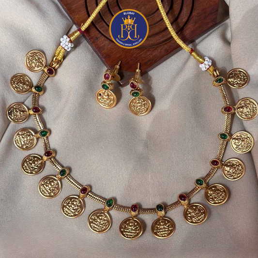 Colored stone studded hanging coins Kasu mala Necklace set