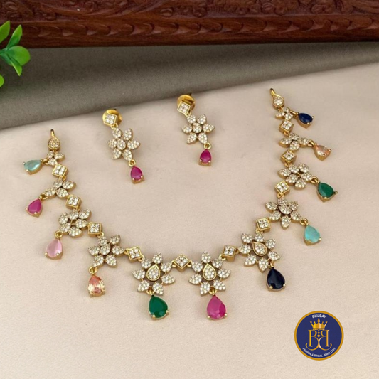 Premium AD studded Iced Out Navaratna stones rain drop Necklace set