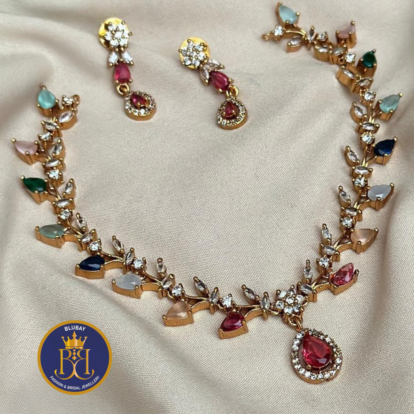 Navaratna tear drop and branched buds AD Necklace set