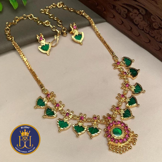 Gold look alike microplated Kerala traditional green enamel Palakka Mango Necklace set