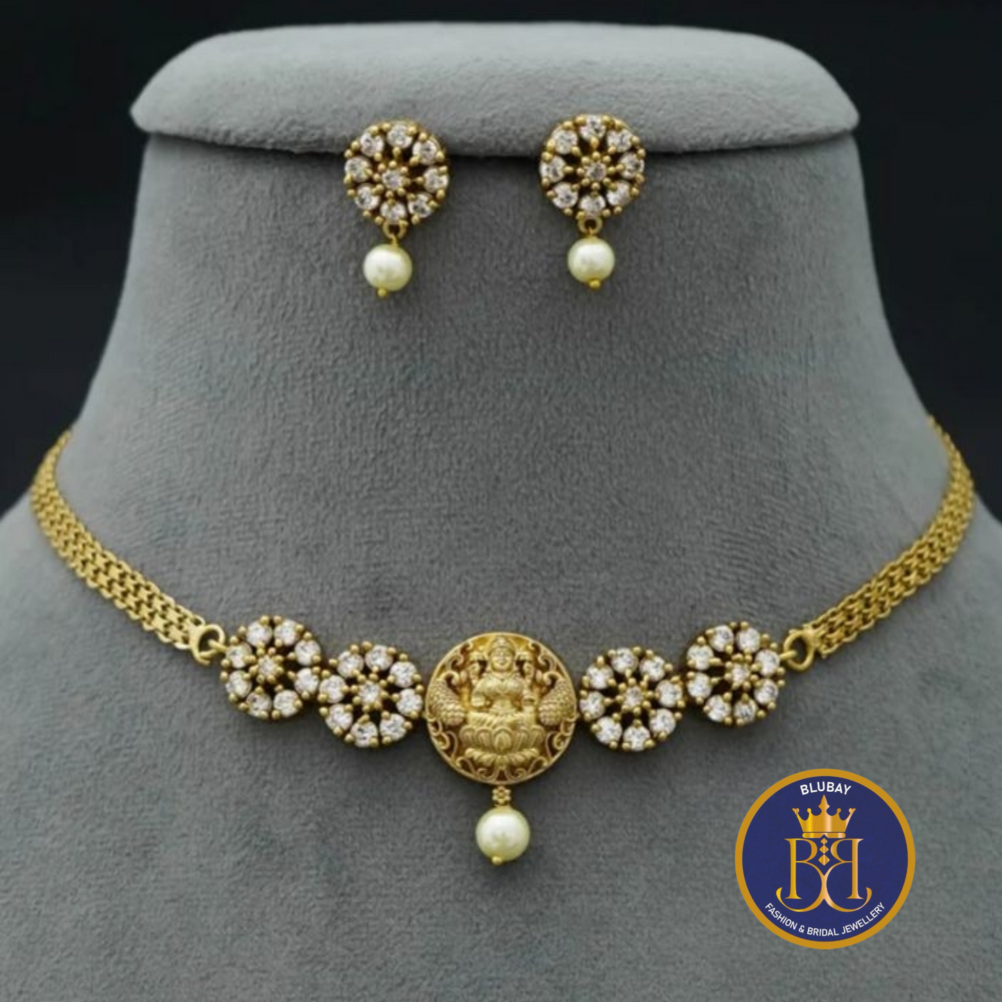 Lakshmi Devi Circular AD stone golden premium Choker set with pearl drops