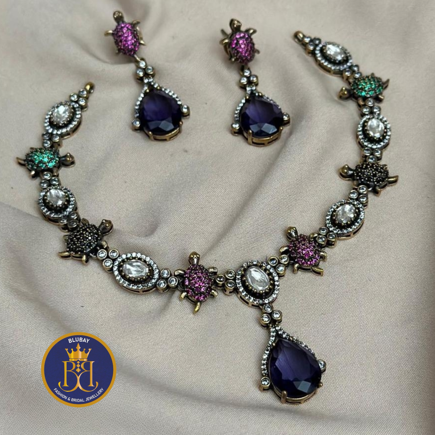 Turtle tear drop AD premium Sapphire Victorian royal Necklace set