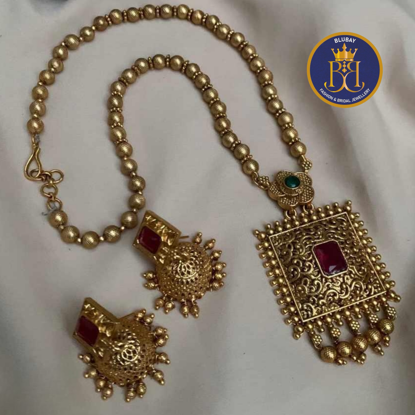 Square pendant golden antique golden bead chain haaram set with Jhumkas