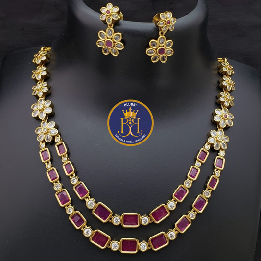 Fuchsia double layered premium AD kundan Floral Necklace set