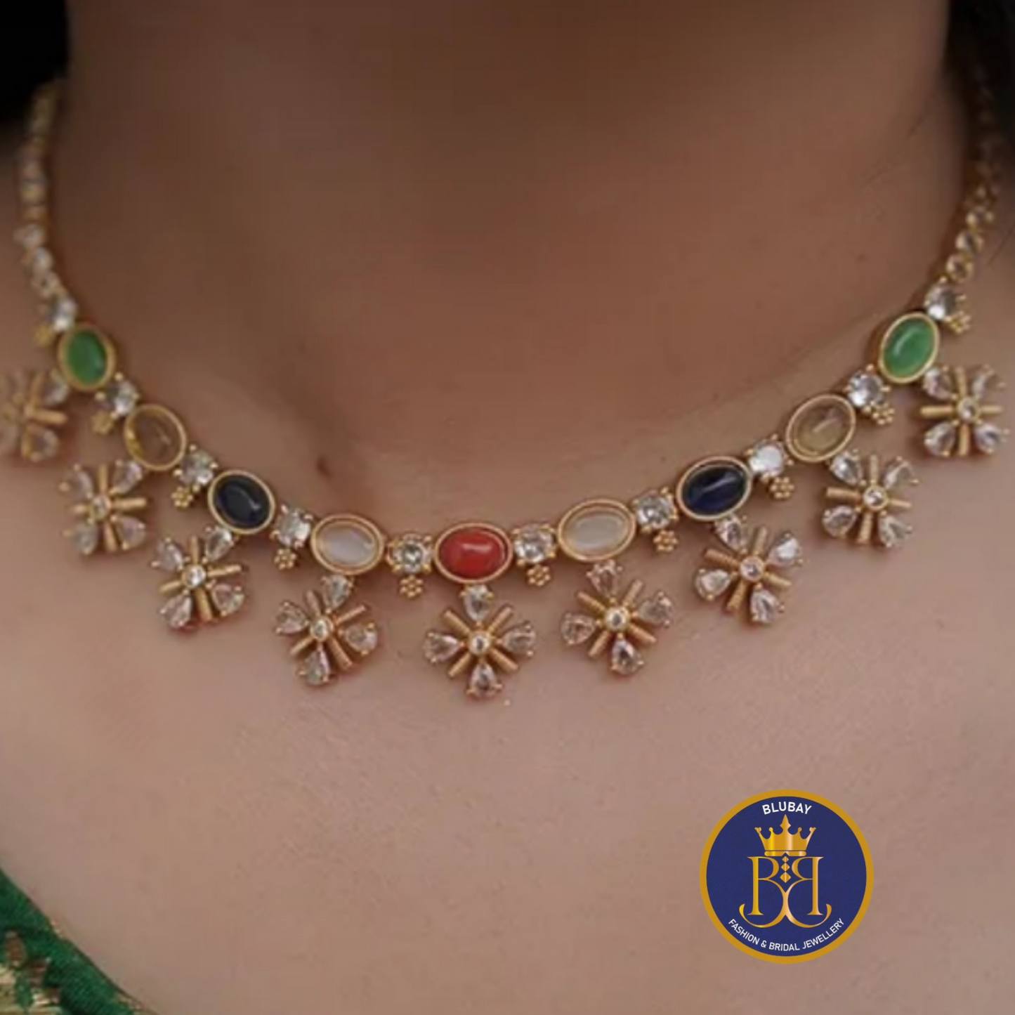 Cross and flowers premium Navaratna Crystal Necklace set