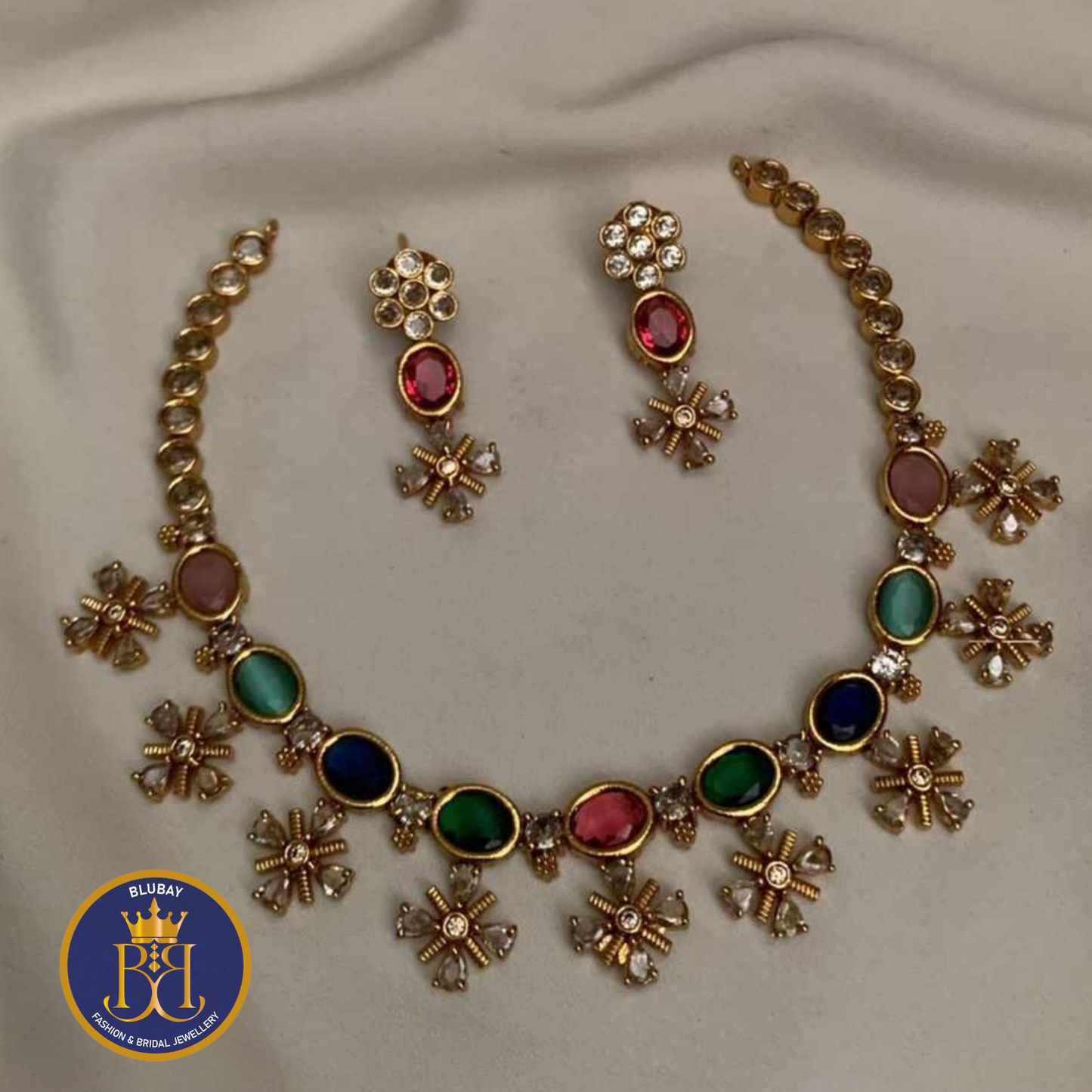 Cross and flowers premium Navaratna Crystal Necklace set