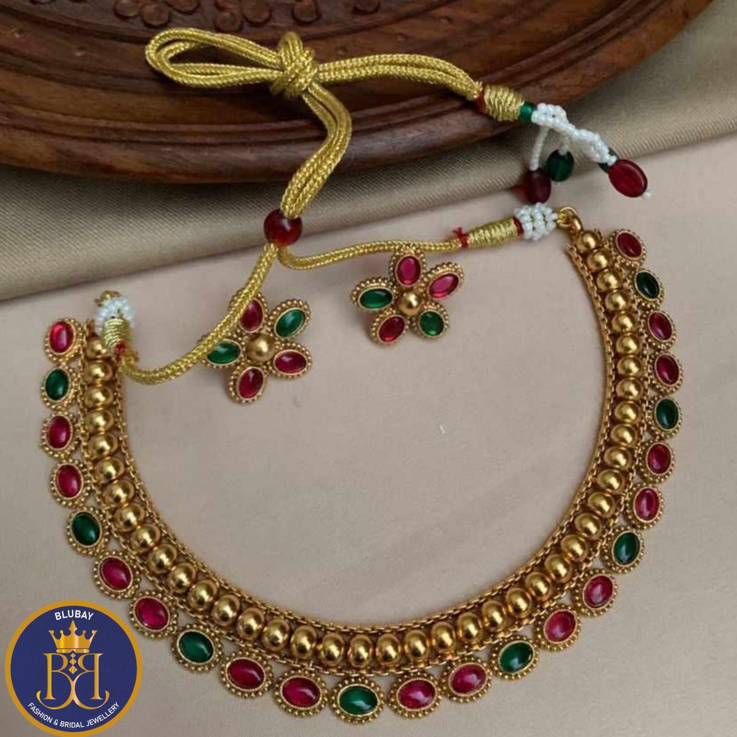 Parithama Ruby green premium Golden bead Necklace set