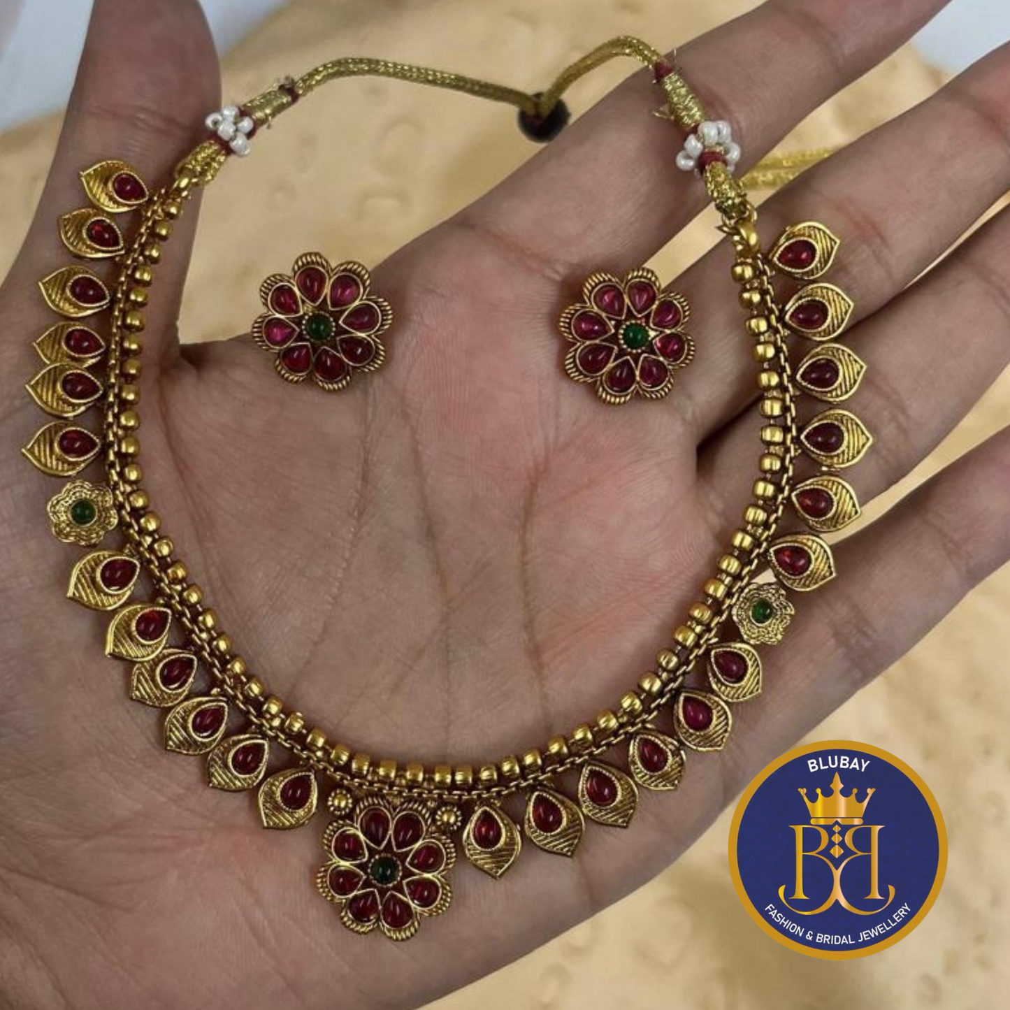 Thamarai kemp studded antique gold Necklace set with Studs