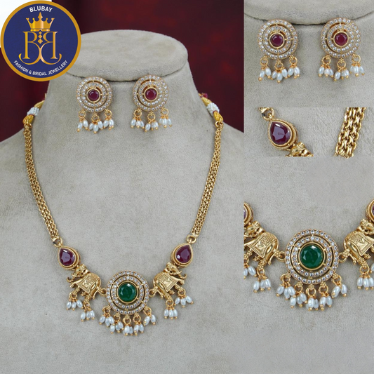 Premium Haathi and red green glossy Stone studded AD golden Necklace set