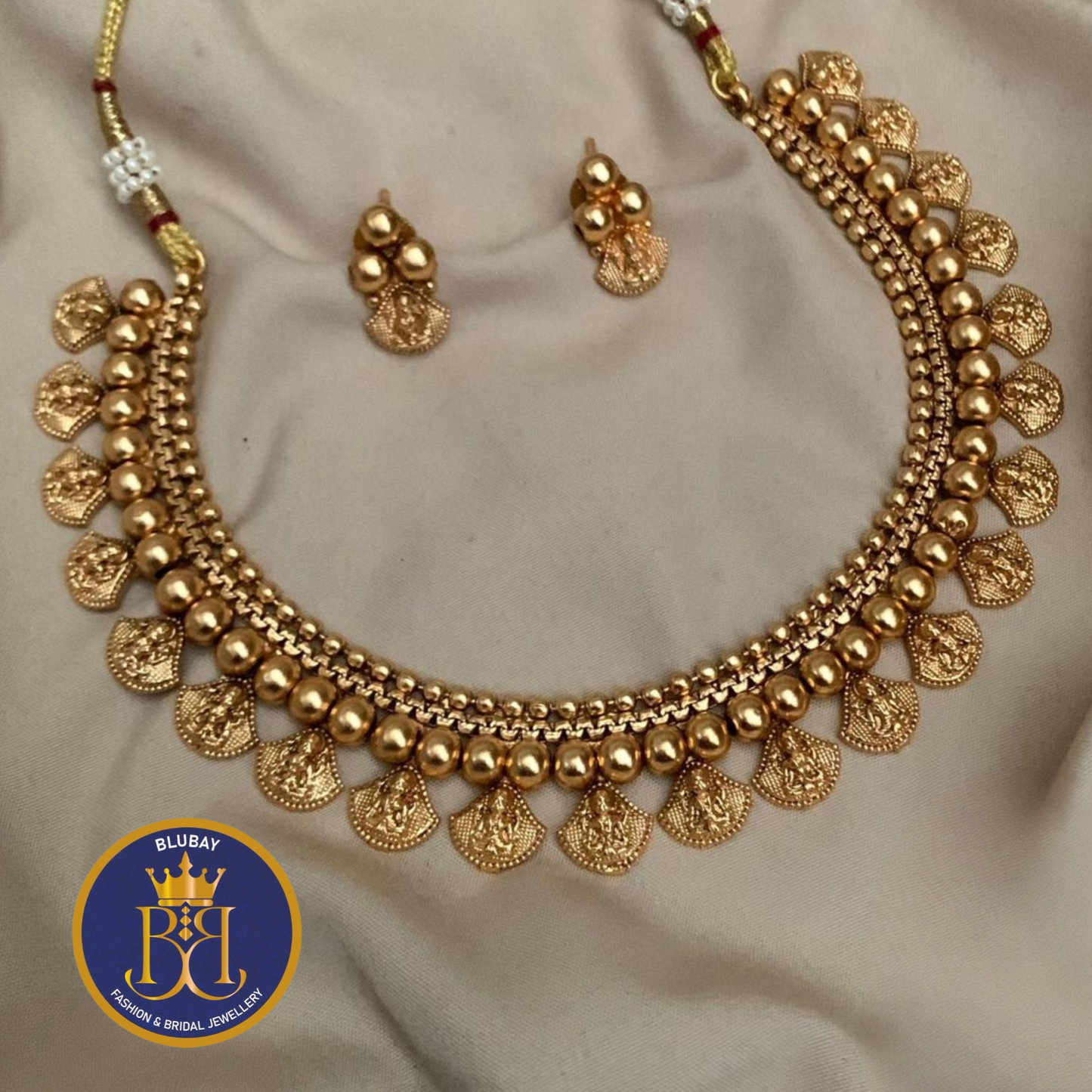 Designer half coin Nakshi beaded golden Necklace set