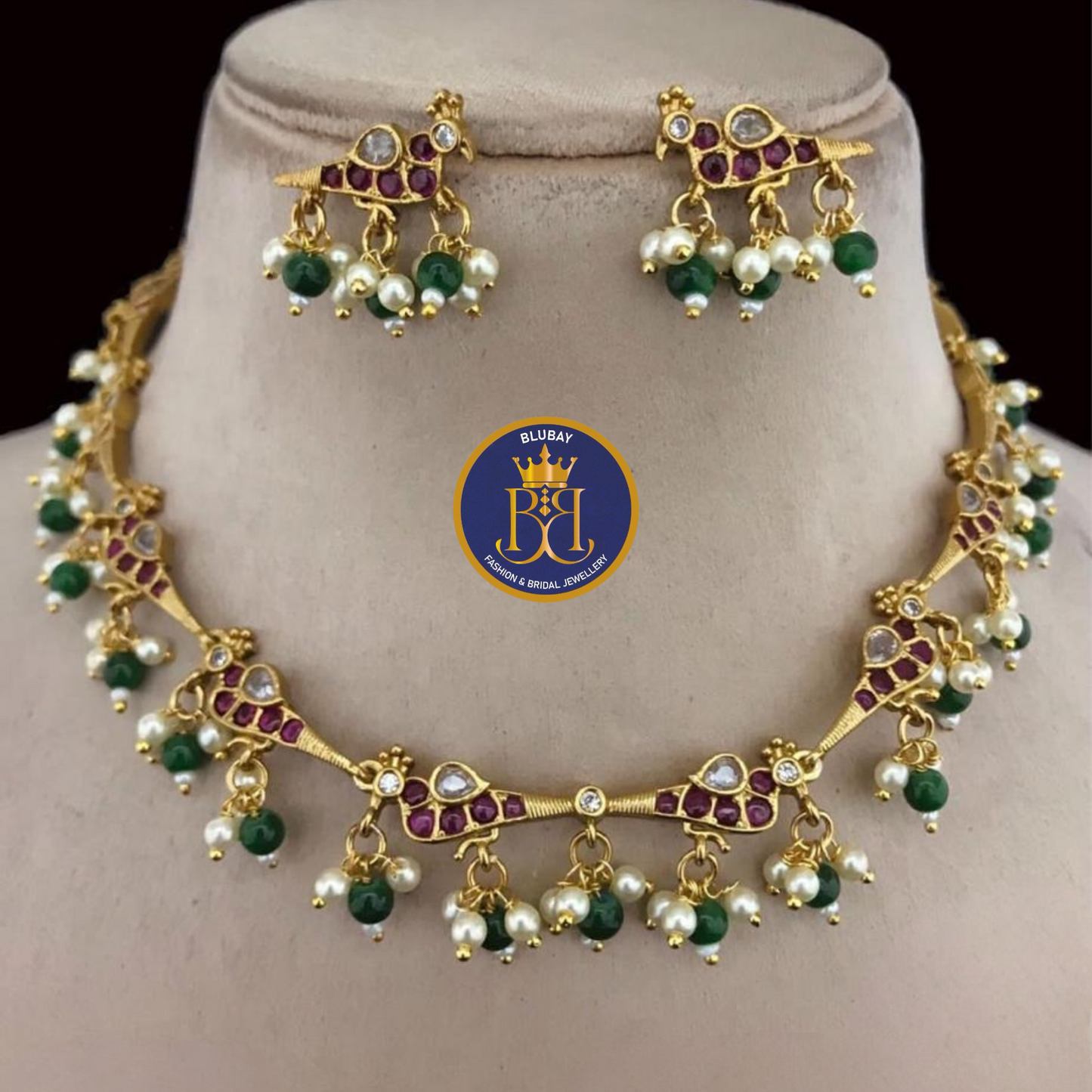 Lined birds premium mixed AD stone studded pearl and green beads Necklace set